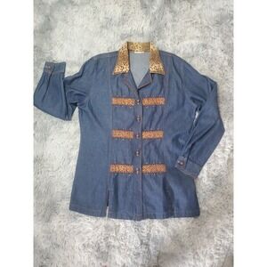 Monique Fashions Denim Jacket Women's L Leopard Animal Print  Beaded Safari Chic